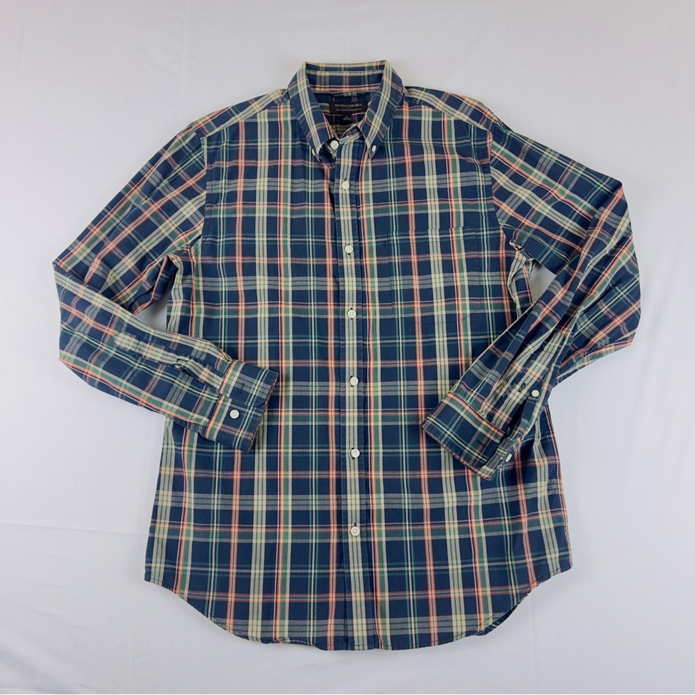 Banana Republic Men's Plaid Button-Down Shirt in Navy, Cream, Green and Salmon